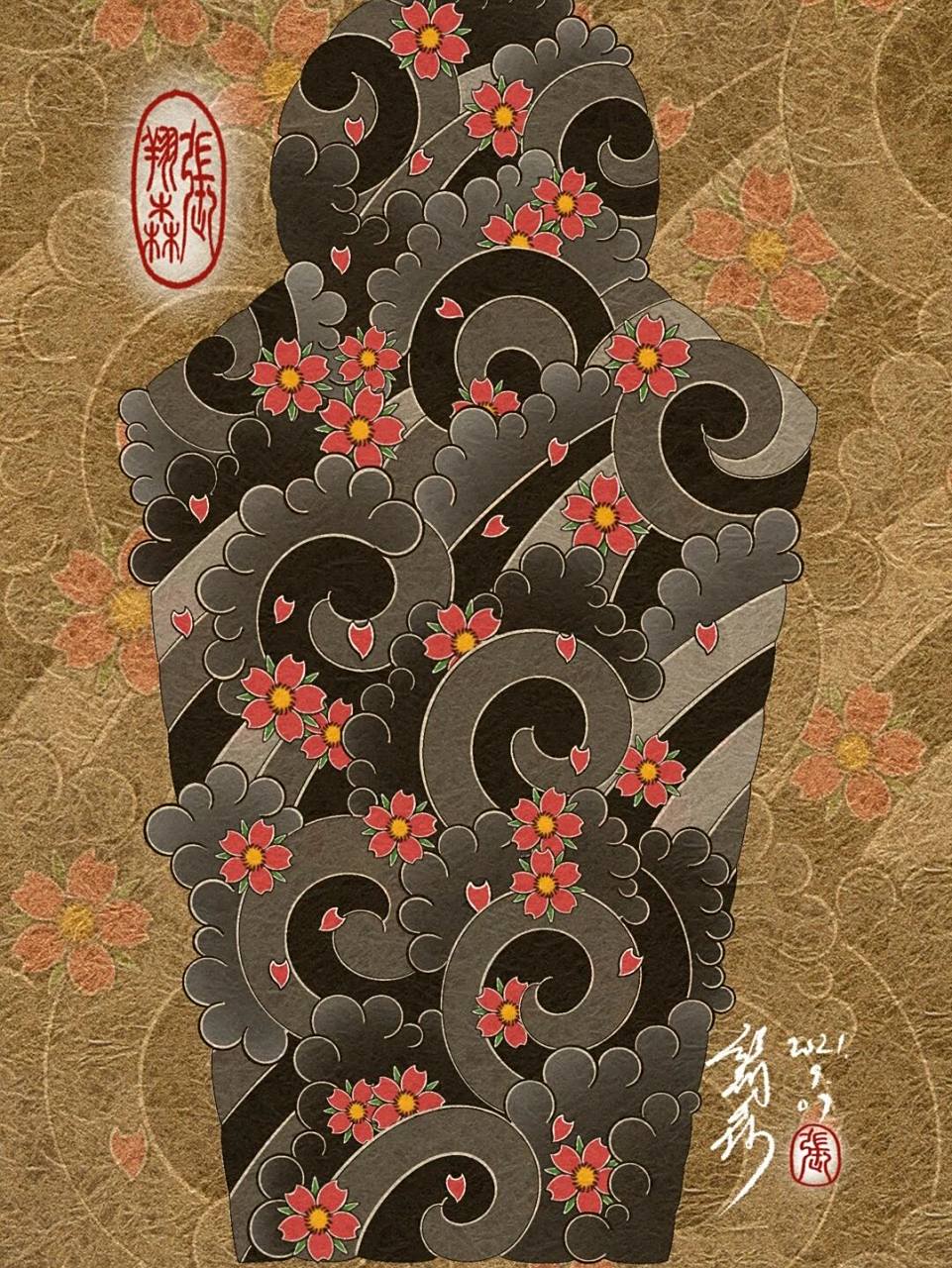 樱花臂纹身手稿 画了个樱吹雪的稿子,说是樱花臂,其实更适合纹在腿上