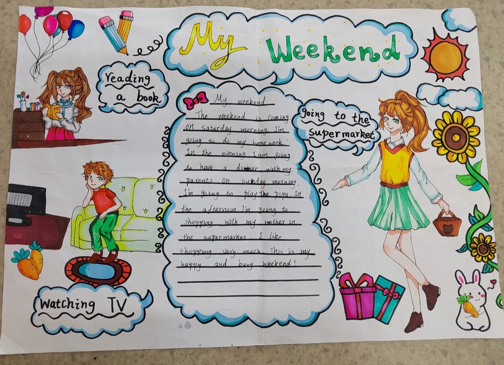 周末主题——英语手抄报 被雨水打湿的手抄报