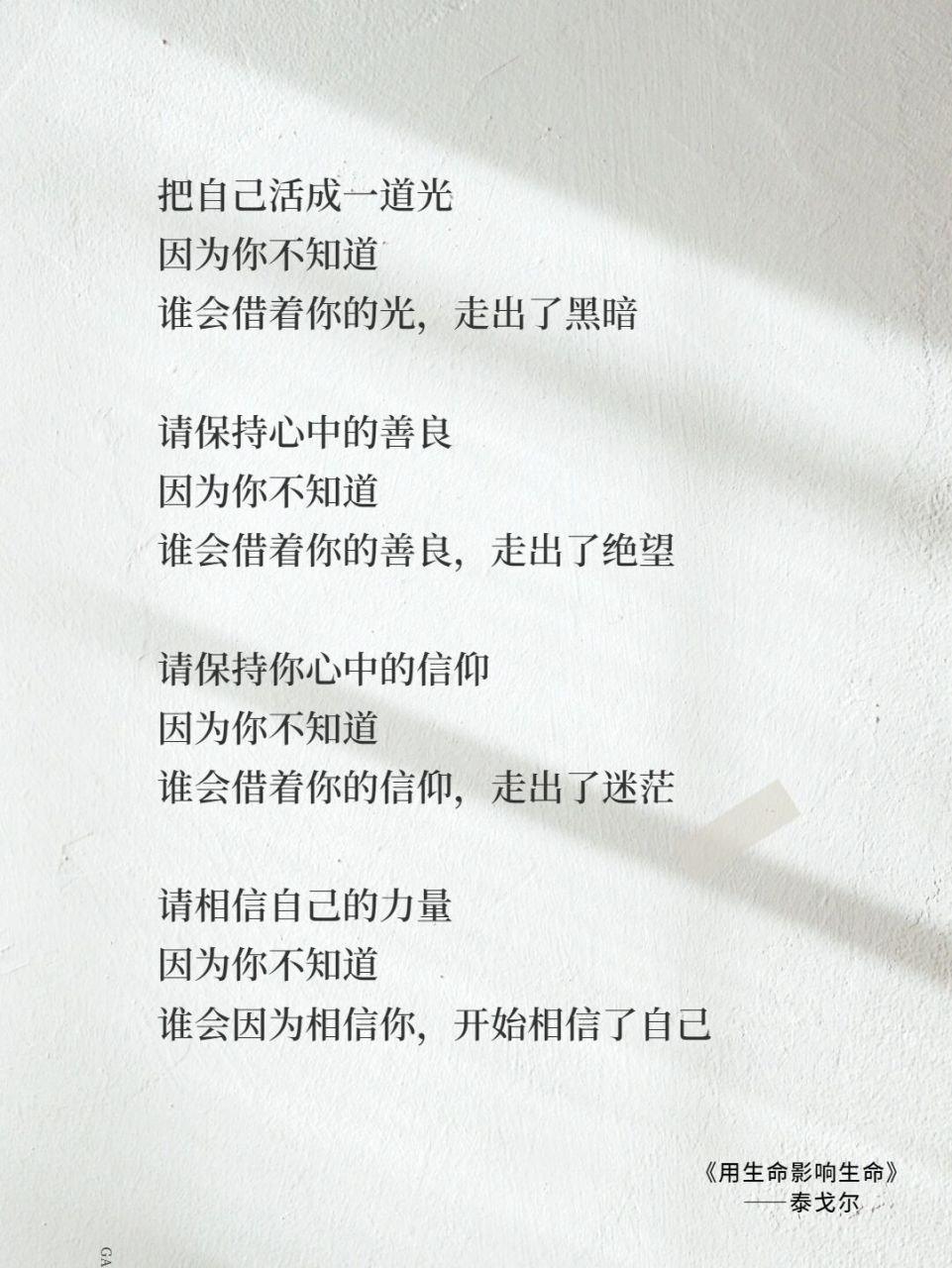 把自己活成一道光 因为你不知道 谁会借着你的光,走出了黑暗 	 请