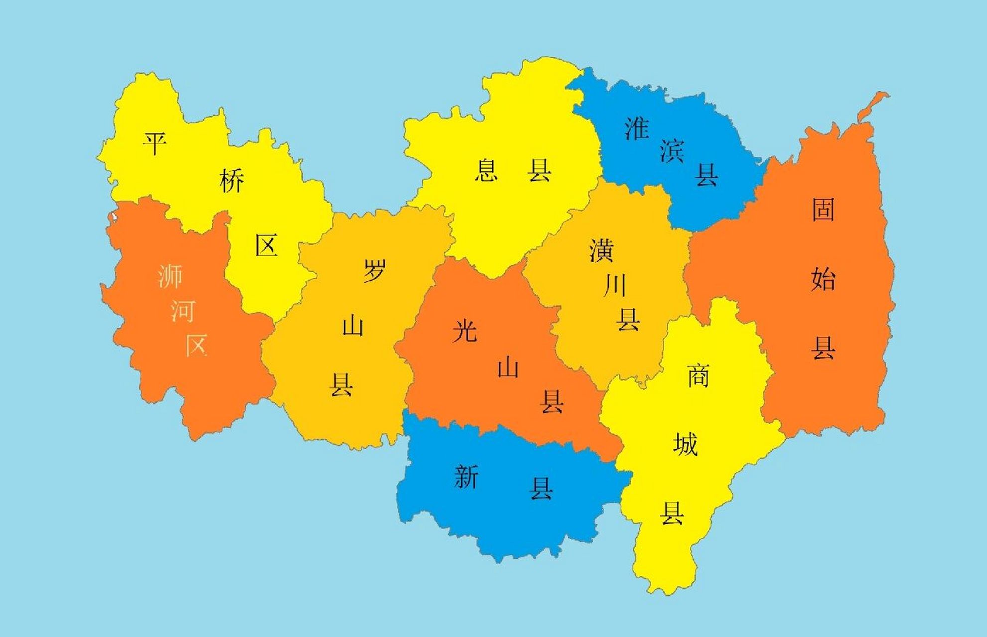 河南行政区划地图 信阳,下辖2个区,8个县:浉河区,平桥区,潢川县,光山