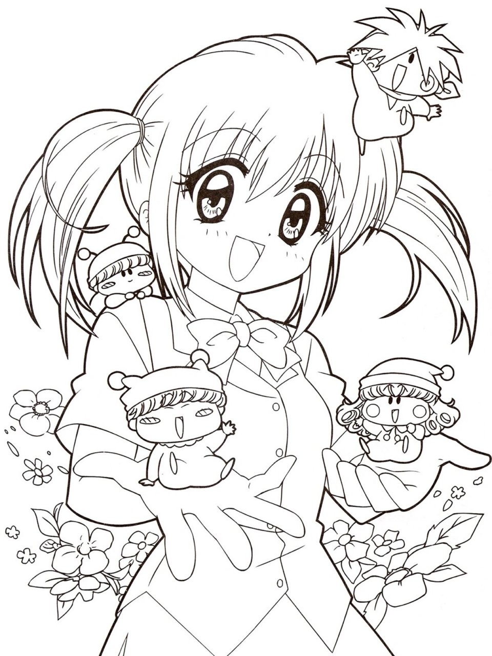 小女孩黑白涂色简笔画