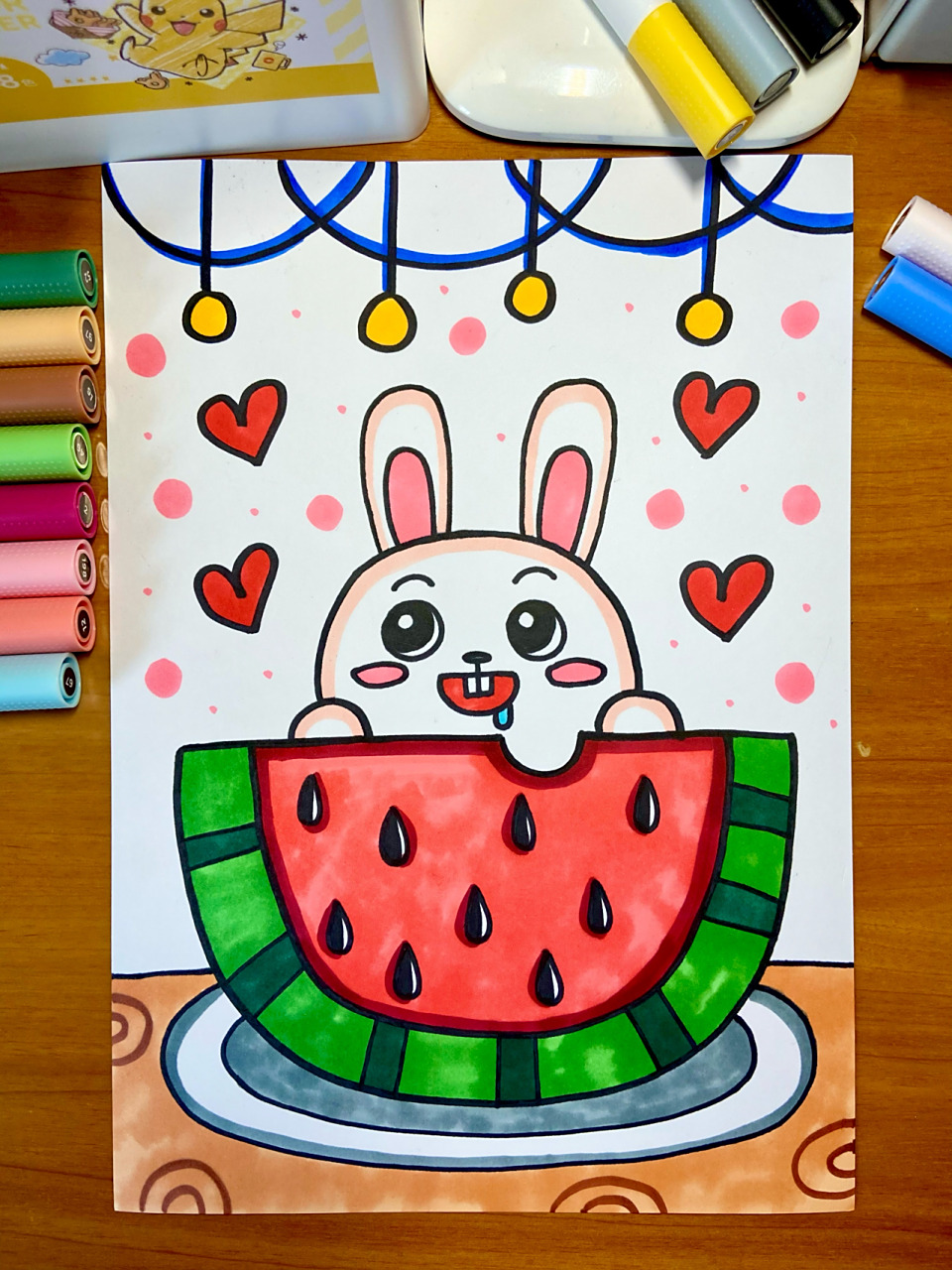 【小兔吃西瓜91】马克笔儿童画简单幼儿教程 原创儿童画,线稿图和色
