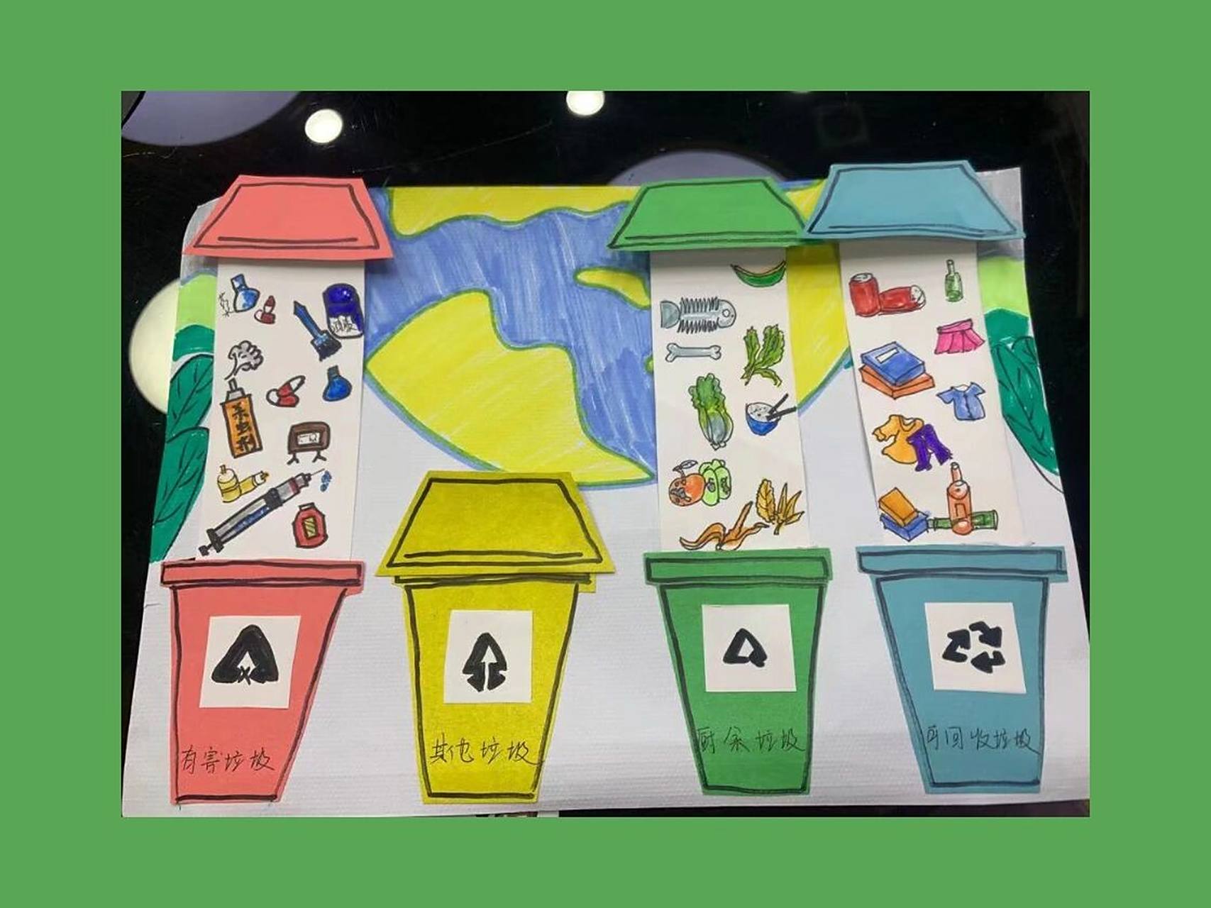 使用了四种颜色和对应的标志 把垃圾分类好扔到相对应的垃圾桶