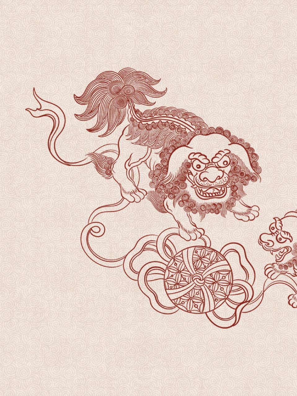 中国传统吉祥图案 【双狮滚绣球】 画面绘一对狮子和绣球.