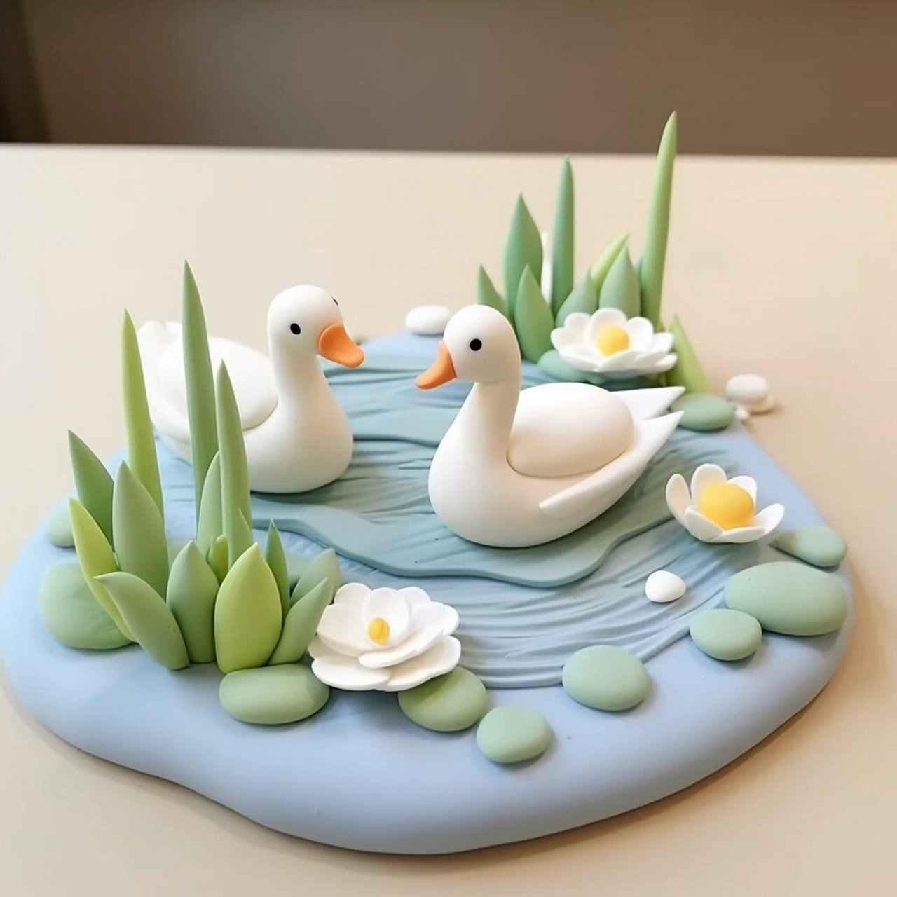 粘土~池塘里的小鸭子好可萌有没有 鸭子来游泳啦~ai粘土手工画