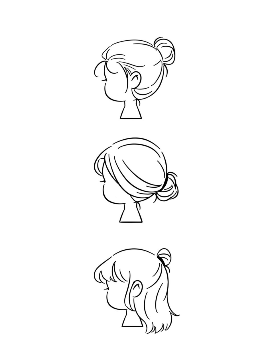 侧面头发画法 |  丸子头,马尾… 不同长度头发侧面画法,丸子头还是低