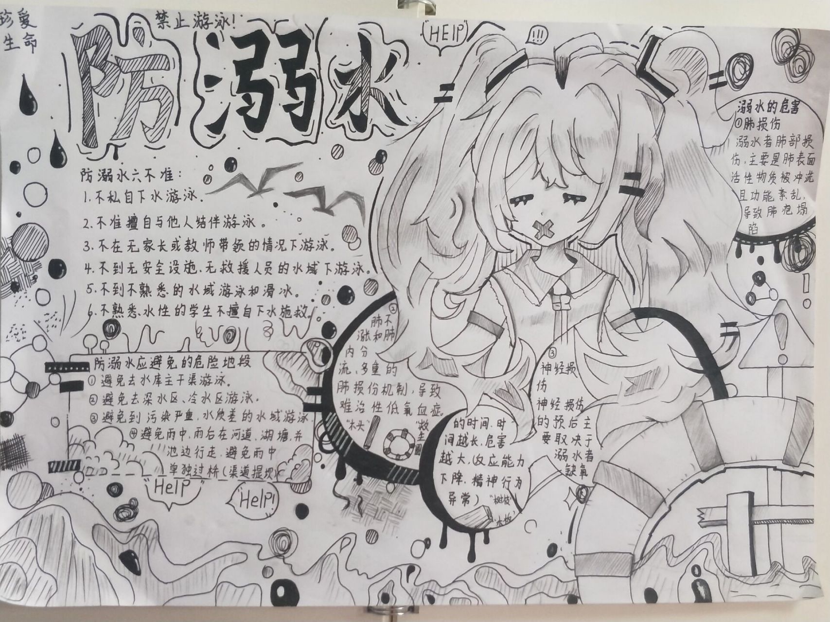 防溺水手抄报黑白 防溺水黑白手抄报 临摹,原作者细看的话那个圆圈