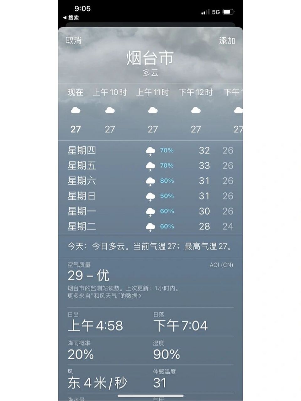 周四准备去烟台 天气预报一直有雨 在线等
