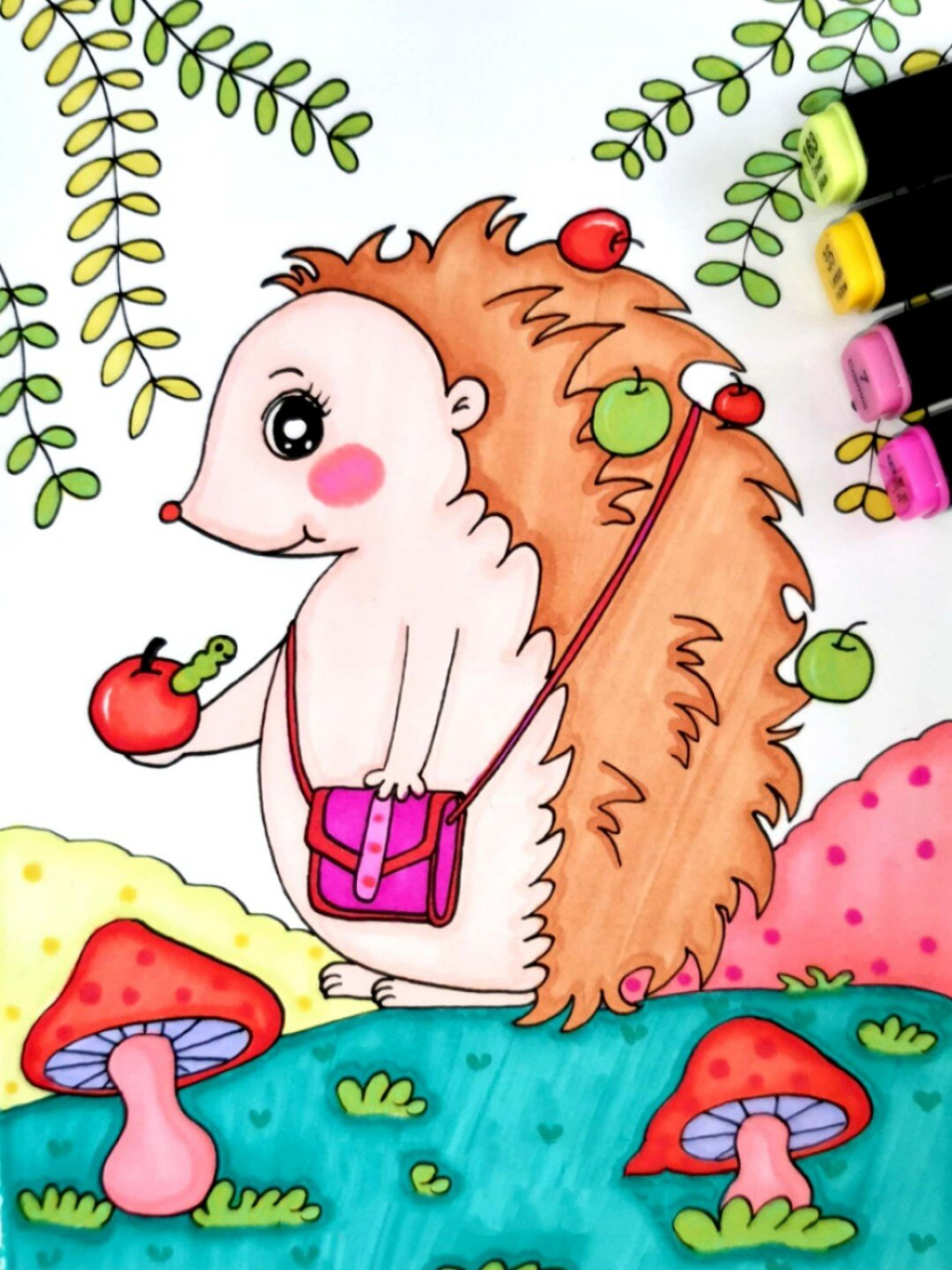 小刺猬 马克笔手绘创意儿童画 简笔画 卡通