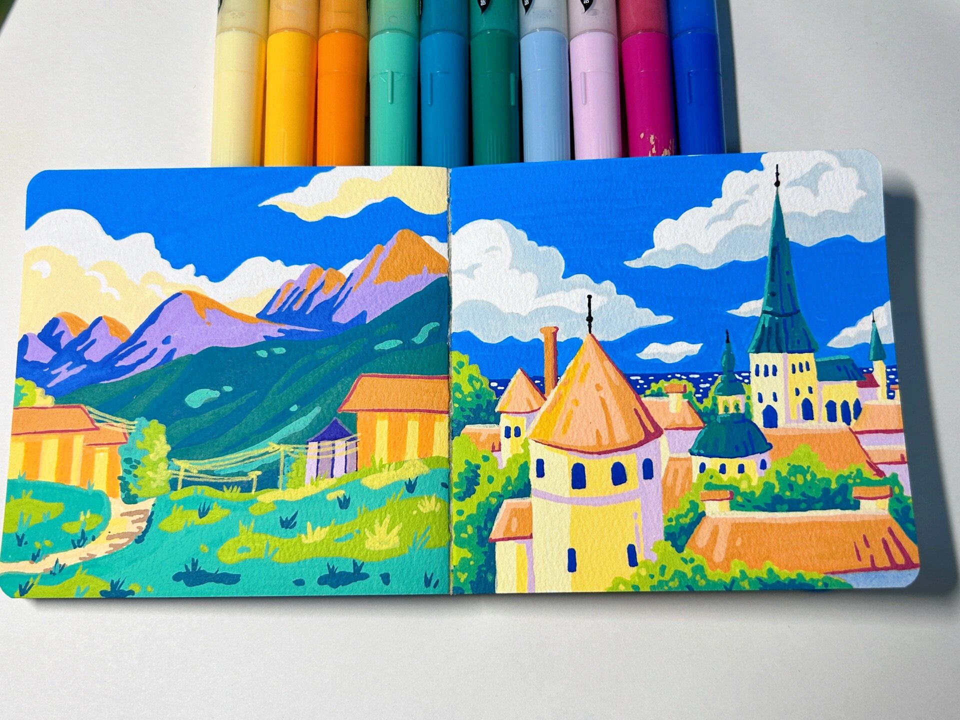 丙烯马克笔|海边小镇98(附过程)