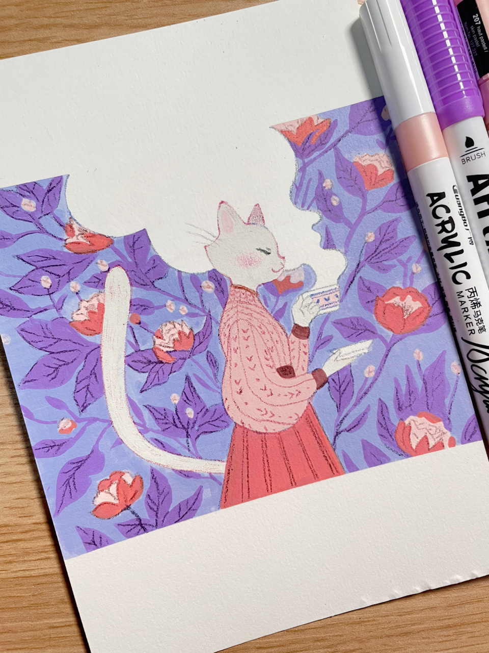 每日一画|丙烯马克笔和彩铅混搭2(含步骤) 今天继续画充满优雅静谧