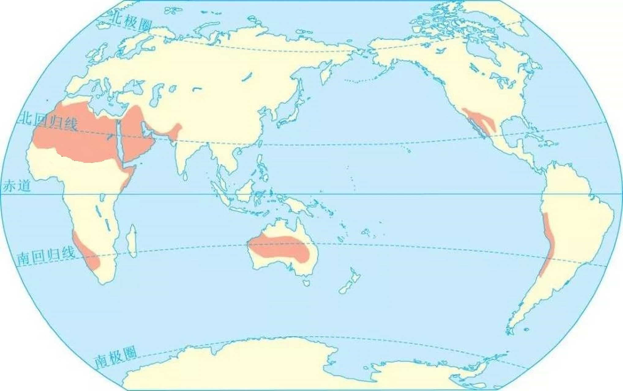热带沙漠气候全球分布图 热带沙漠气候主要分布在南北纬20°至30