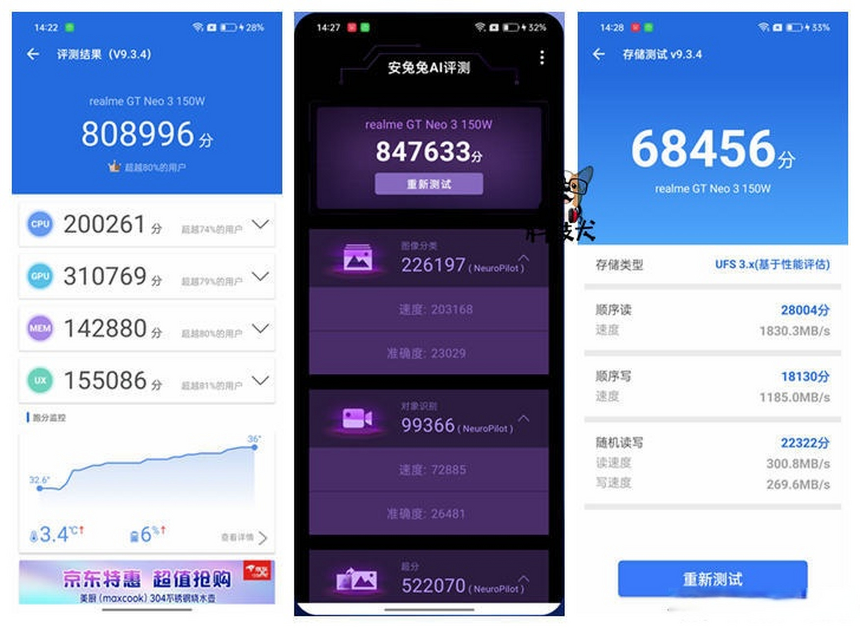 来看看真我gt neo3 150w的安兔兔和鲁大师的跑分(图一和图二).