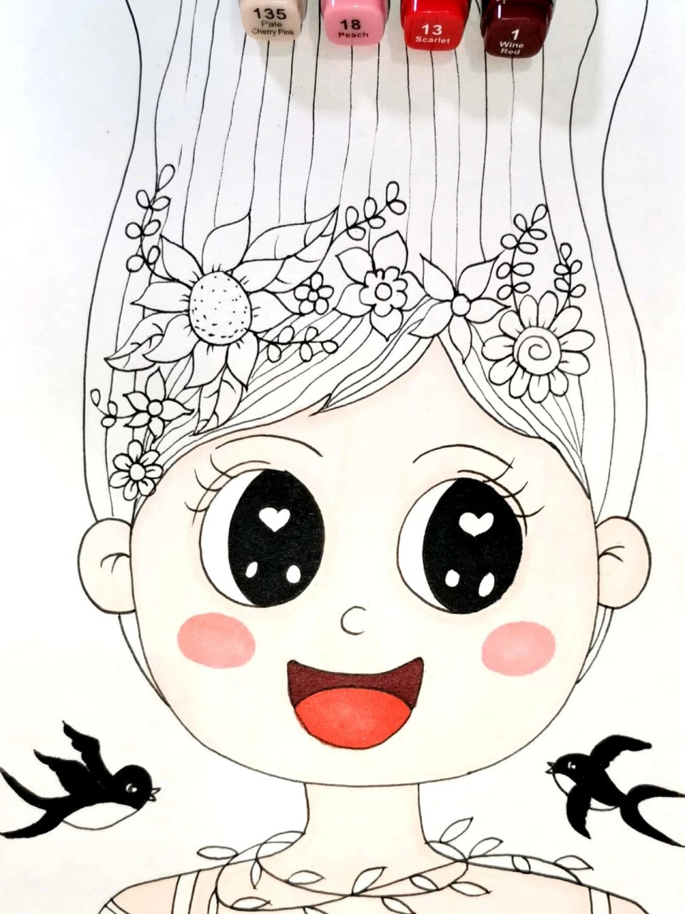 春姑娘春娃娃 创意儿童画 简笔画 马克笔 线     春天来了