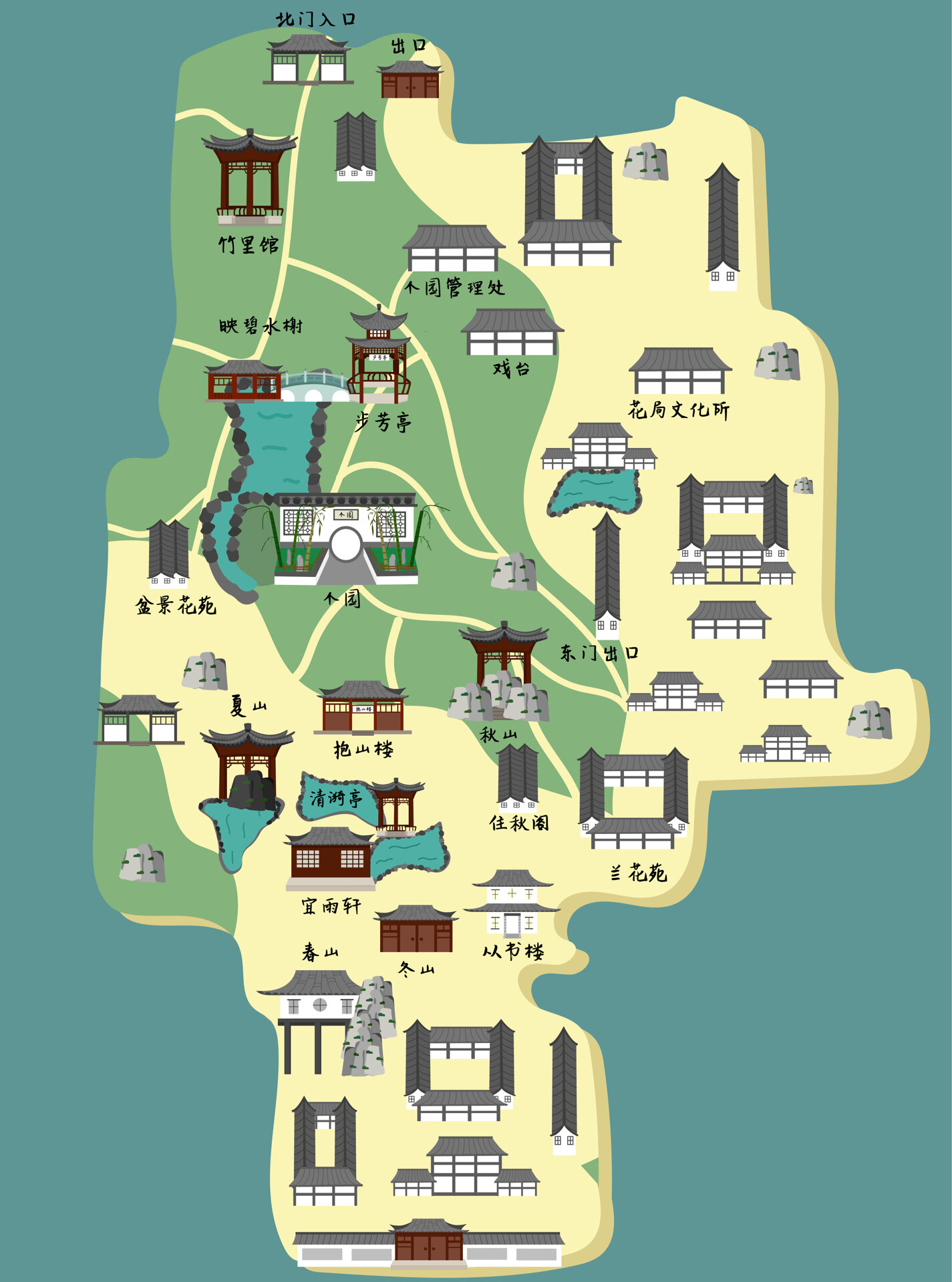 扬州个园古风插画地图|古风建筑插画