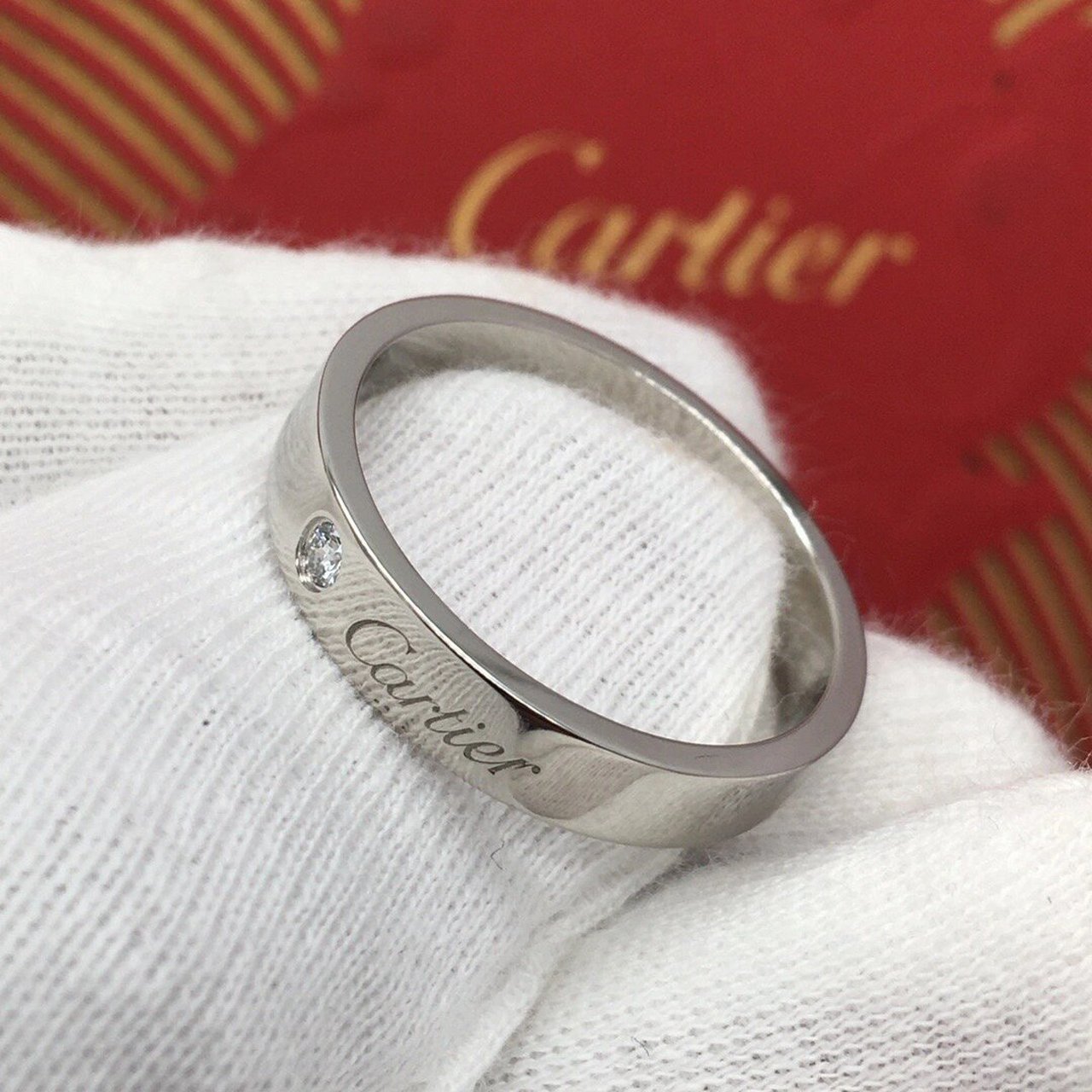 cartier卡地亚pt950铂金宽版单钻戒指61号 cartier卡地亚pt950铂金宽
