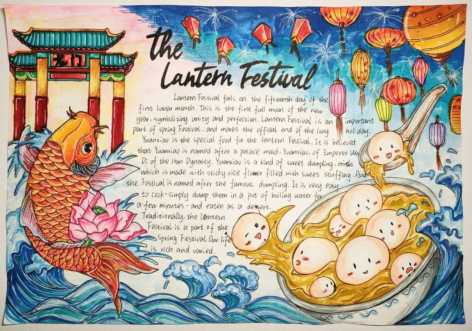 元宵节手抄报|附线稿 75花灯临摹的 汤圆临摹的 -材料:八开素描纸