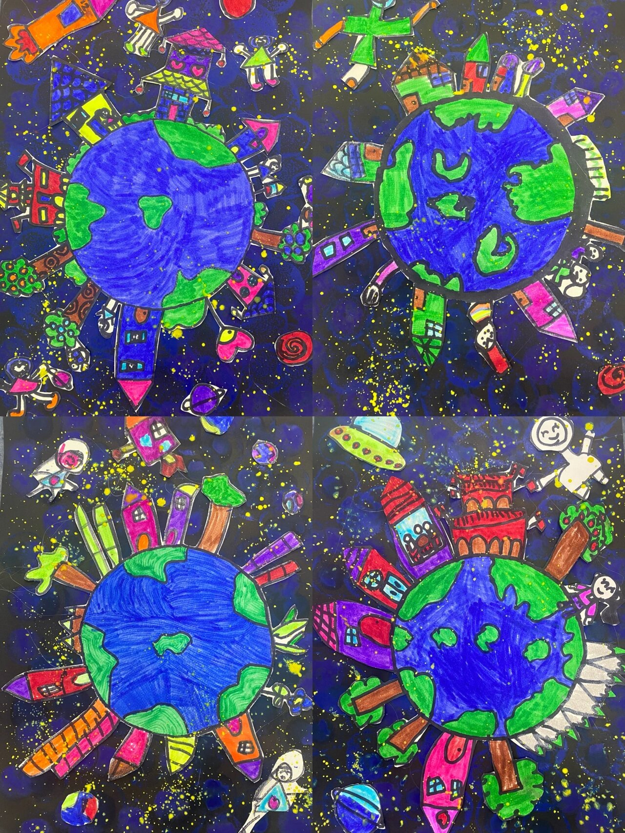 幼儿园|大班|美术《你好,地球》 材料:黑卡,白卡,水粉颜料 剪贴装饰