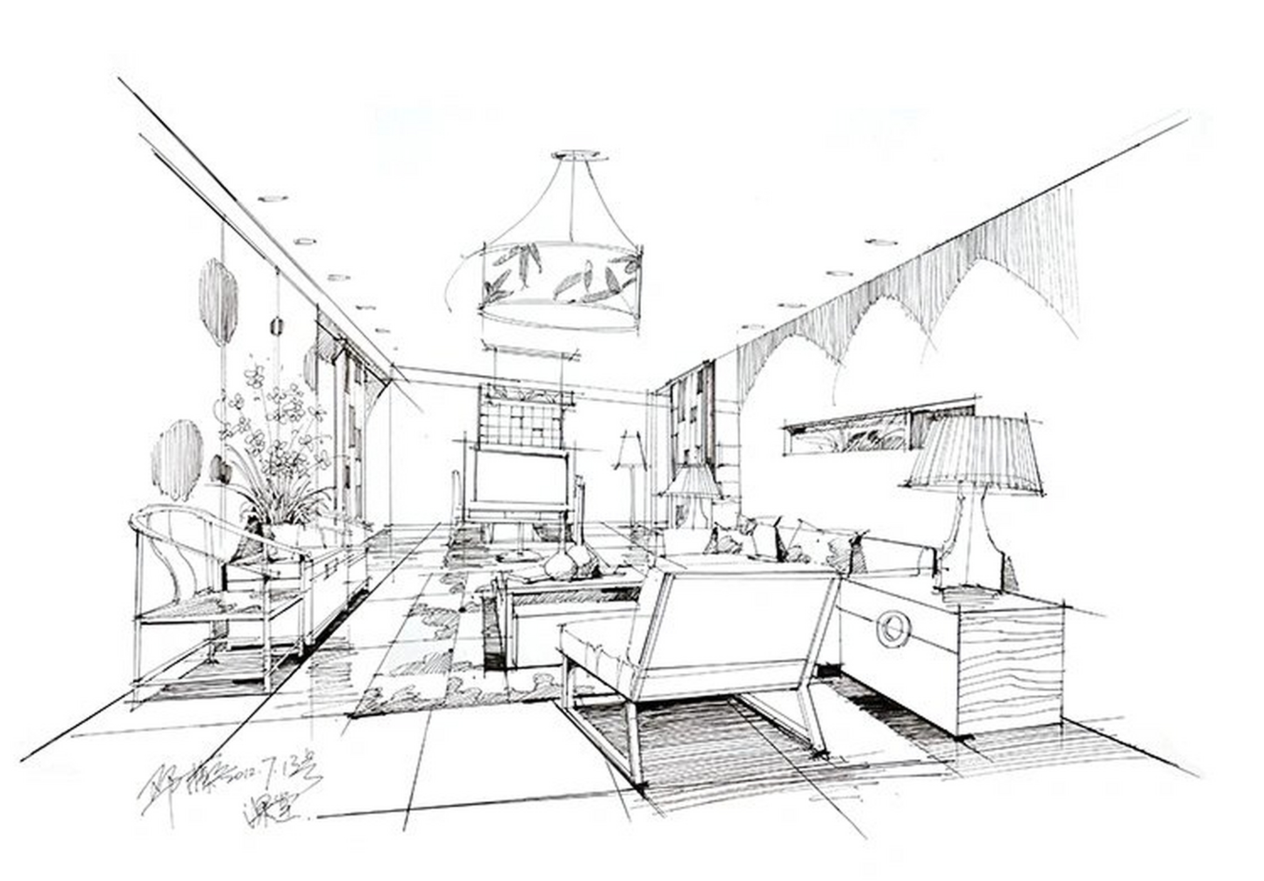 设计考研基础资料分享 资料内容 一点斜视客厅线稿表达 客厅线稿表现