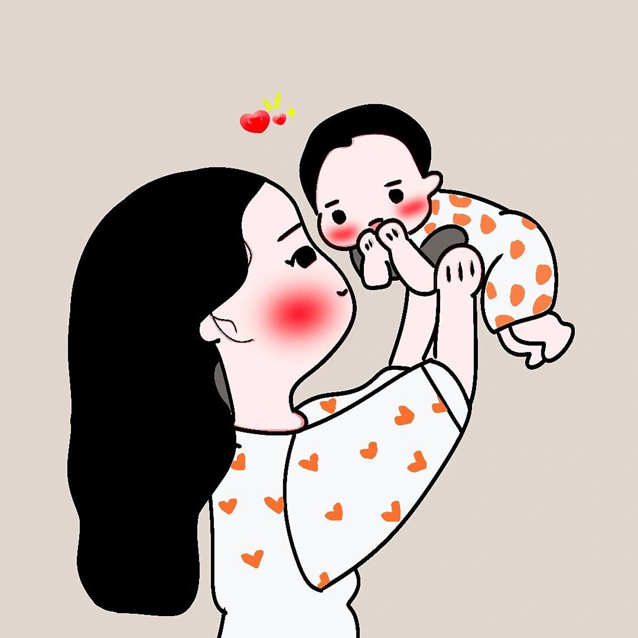 原创手绘亲子头像卡通情侣背影母子父子可爱 没人管你一个人带孩子