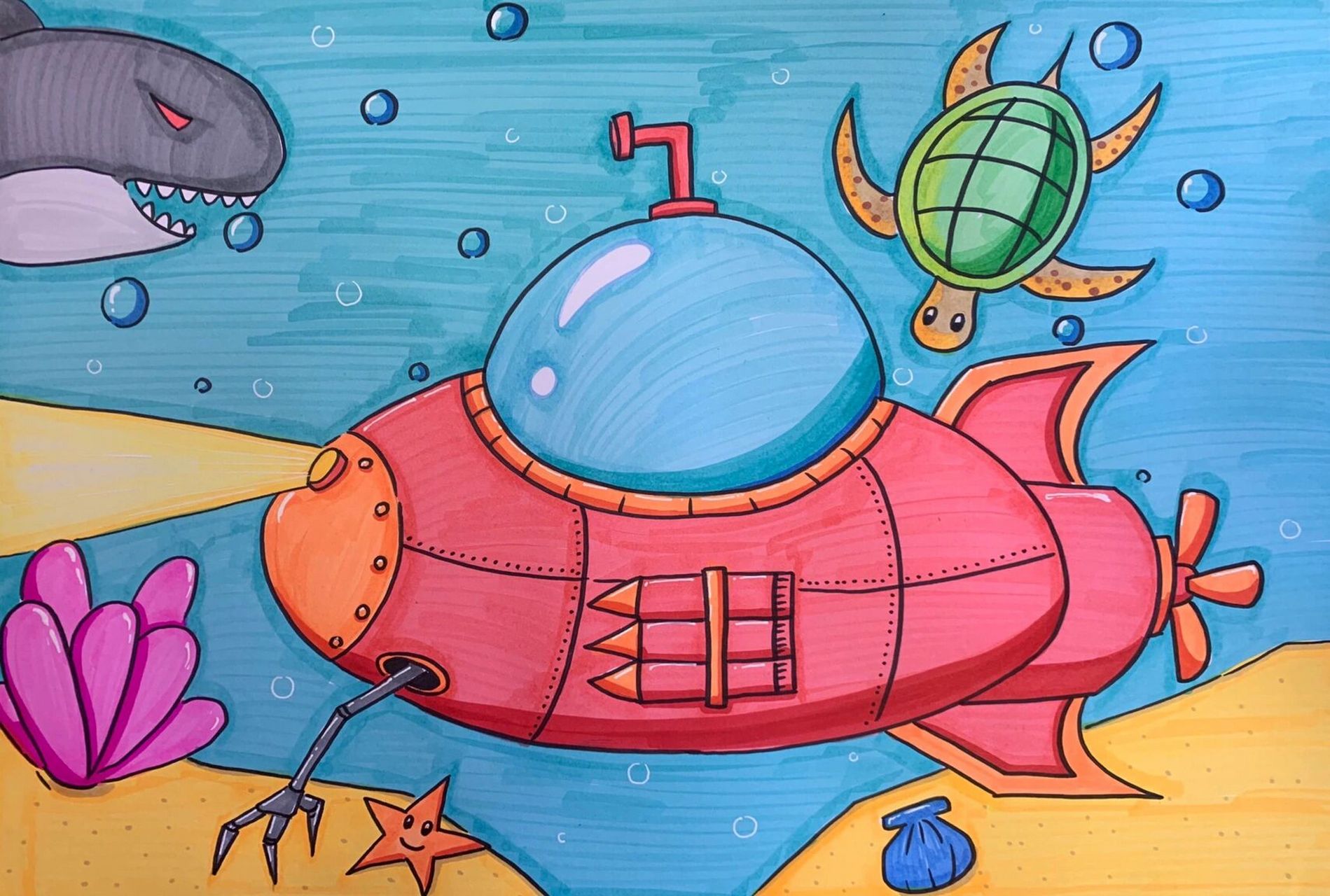 海底探险潜水艇～儿童画     斯尼耳马克笔,纯度更高 三菱高光笔,提高