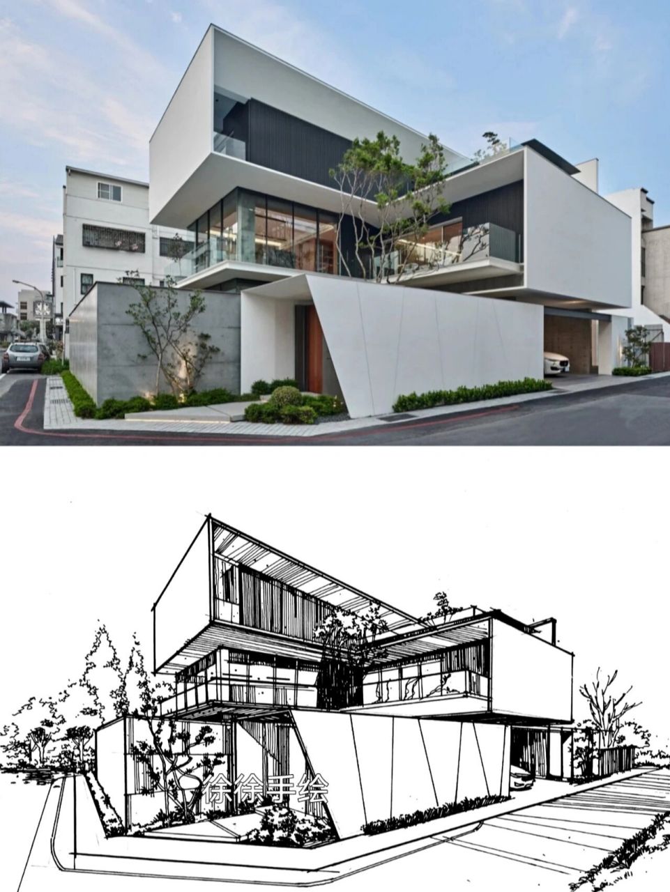 建筑手绘表现—现代别墅设计 180平方现代风格的别墅设计,它不拘泥于