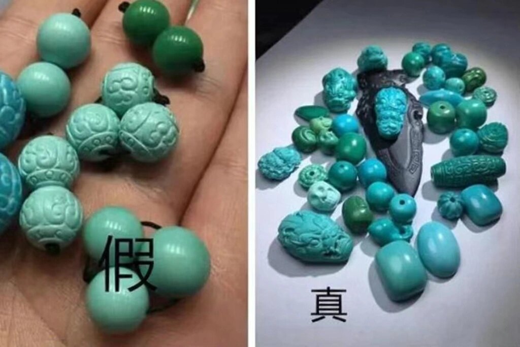 对于天然绿松石的真假辨别,简单的方式都是外观,观察内部结构以及