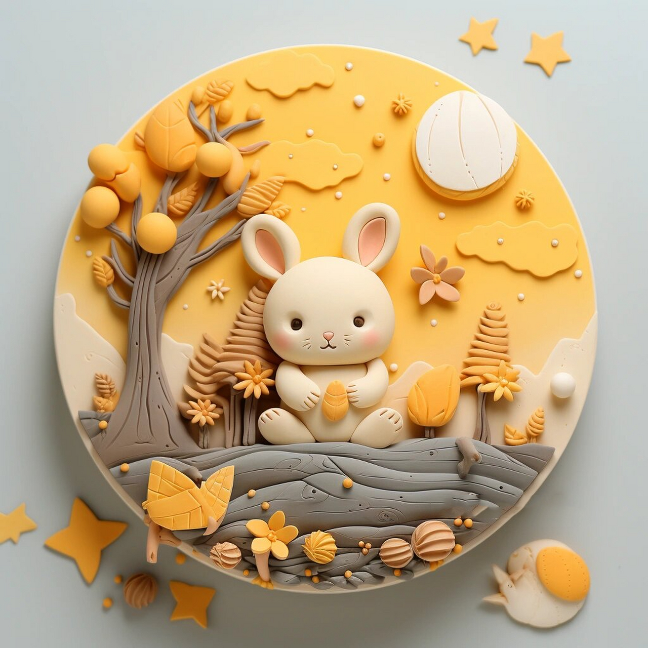 粘土~中秋节快乐兔子创意手工粘土画 小兔子祝大家中秋节快乐,万事