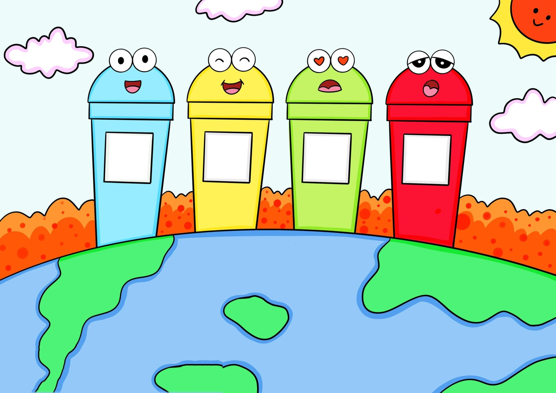 垃圾分类主题画 保护地球儿童画 垃圾桶