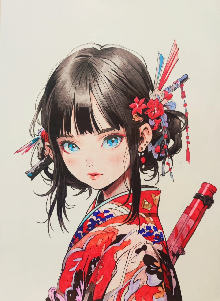 动漫临摹第2张,飒飒的古风女孩马克笔 以前只用马克笔画过儿童画,没画