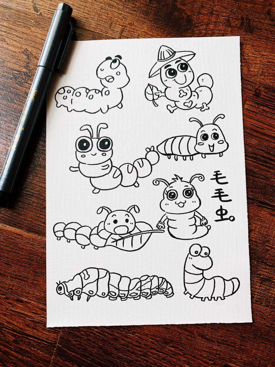 毛毛虫主题手绘手帐素材简笔画练习线稿上色