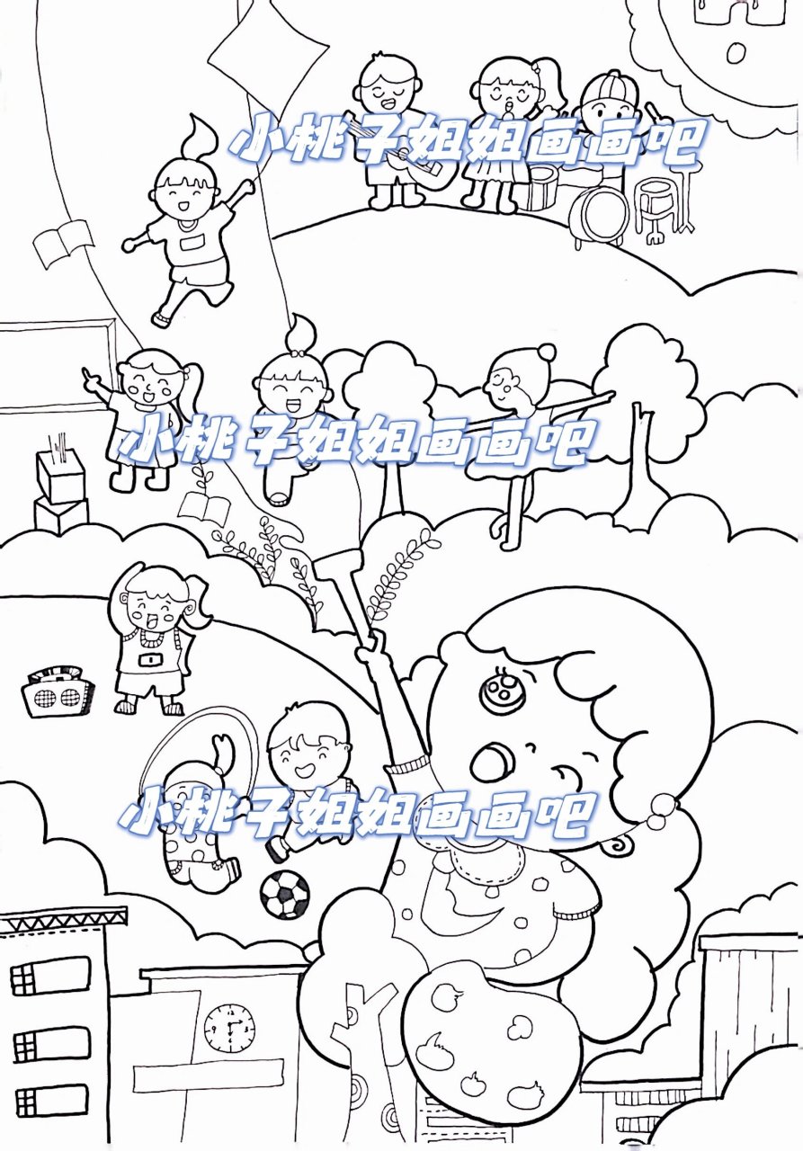 我的校园主题画 线稿可打印,我和我的学校主题画,我的校园生活,我和我