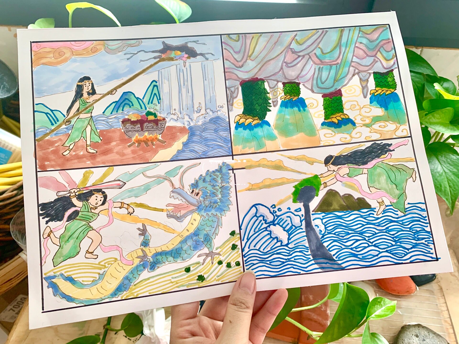 四格连环画 女娲补天 客订,按照课文内容选段,画一幅四格连环画