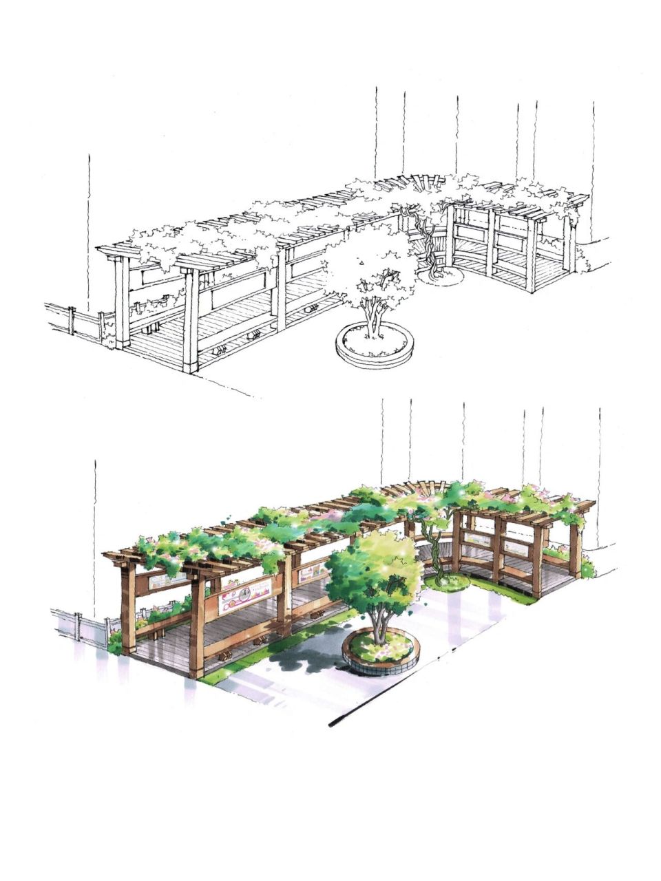 第三天:廊架手绘表现 (线稿 上色)