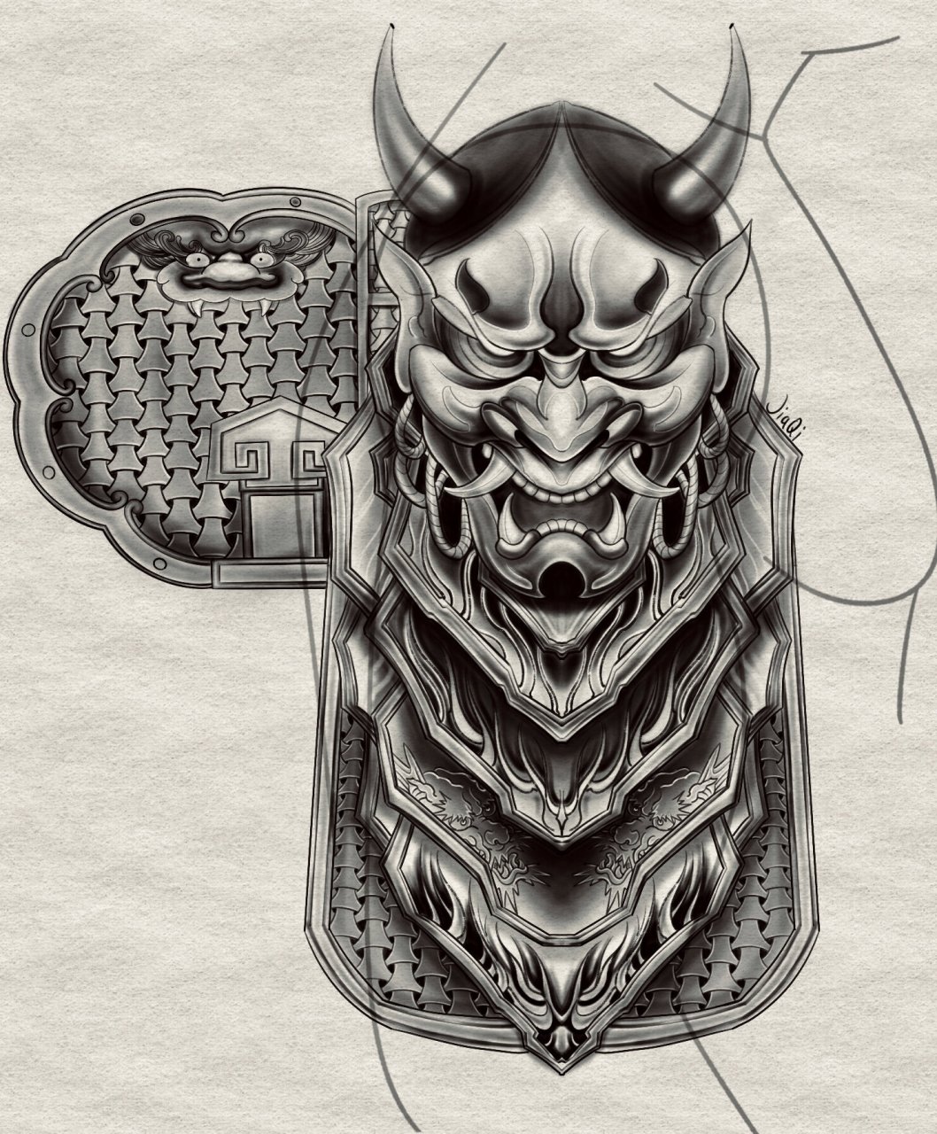 中国盔甲丨纹身手稿鬼怪遮盖    客人想要盔甲纹身 遮盖胸前和肩胛骨