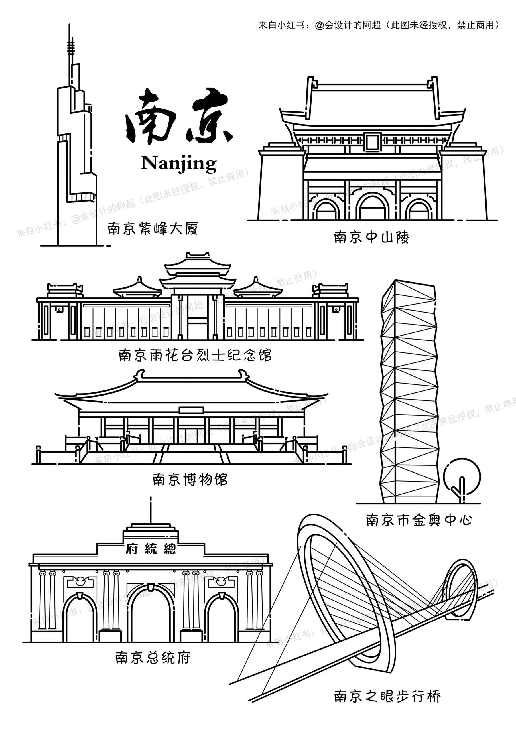 南京城市地标建筑mbe插画 | 手绘简笔画