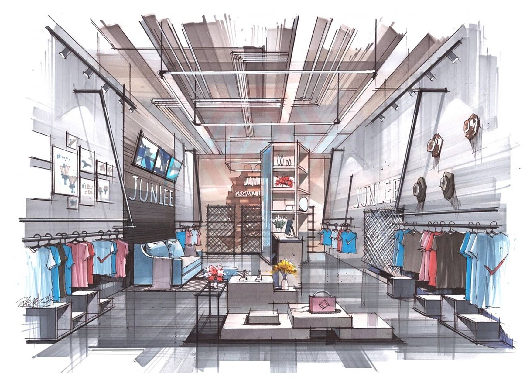 服装店手绘表达 服装店照片转手绘,线稿到马克笔上课