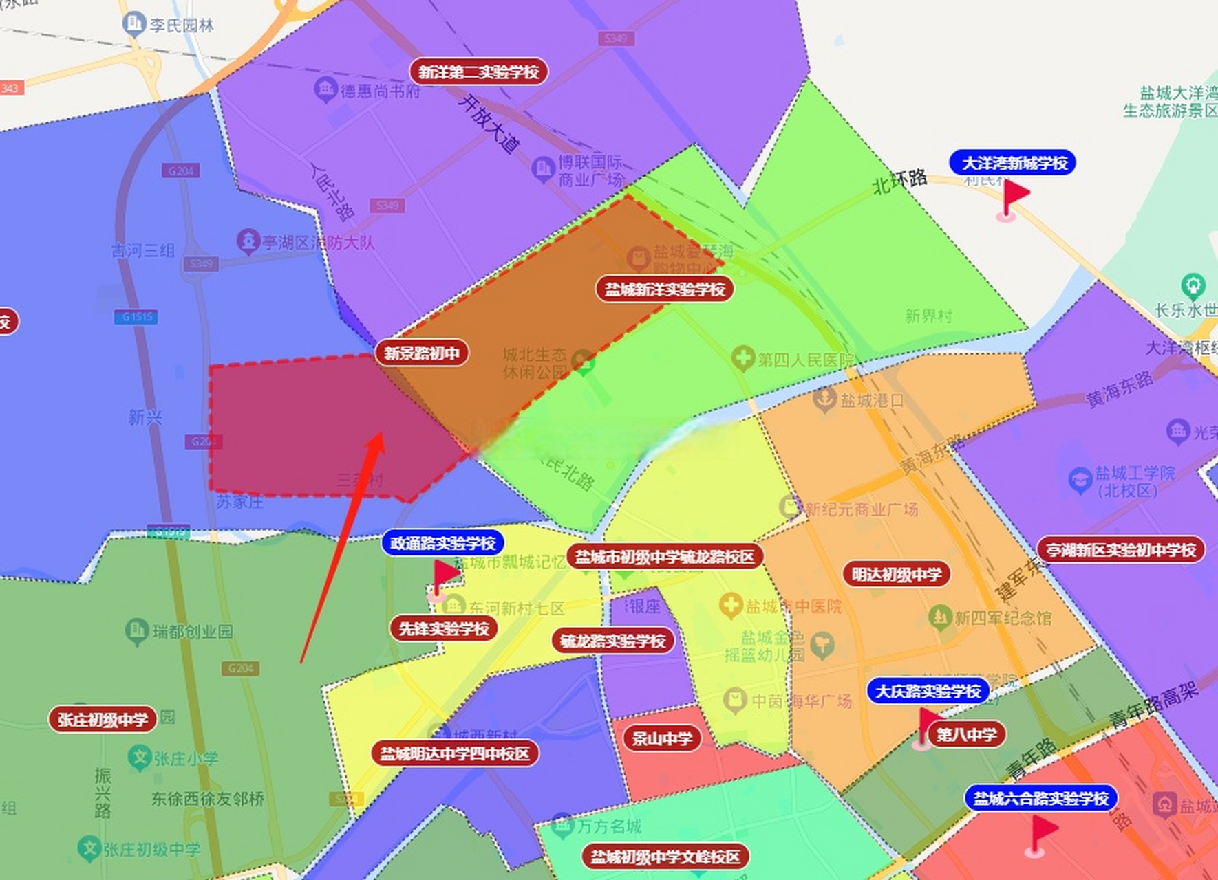 盐城市新景路初级中学施教区:东至串场河,南至新景路,北环路,西至新禾