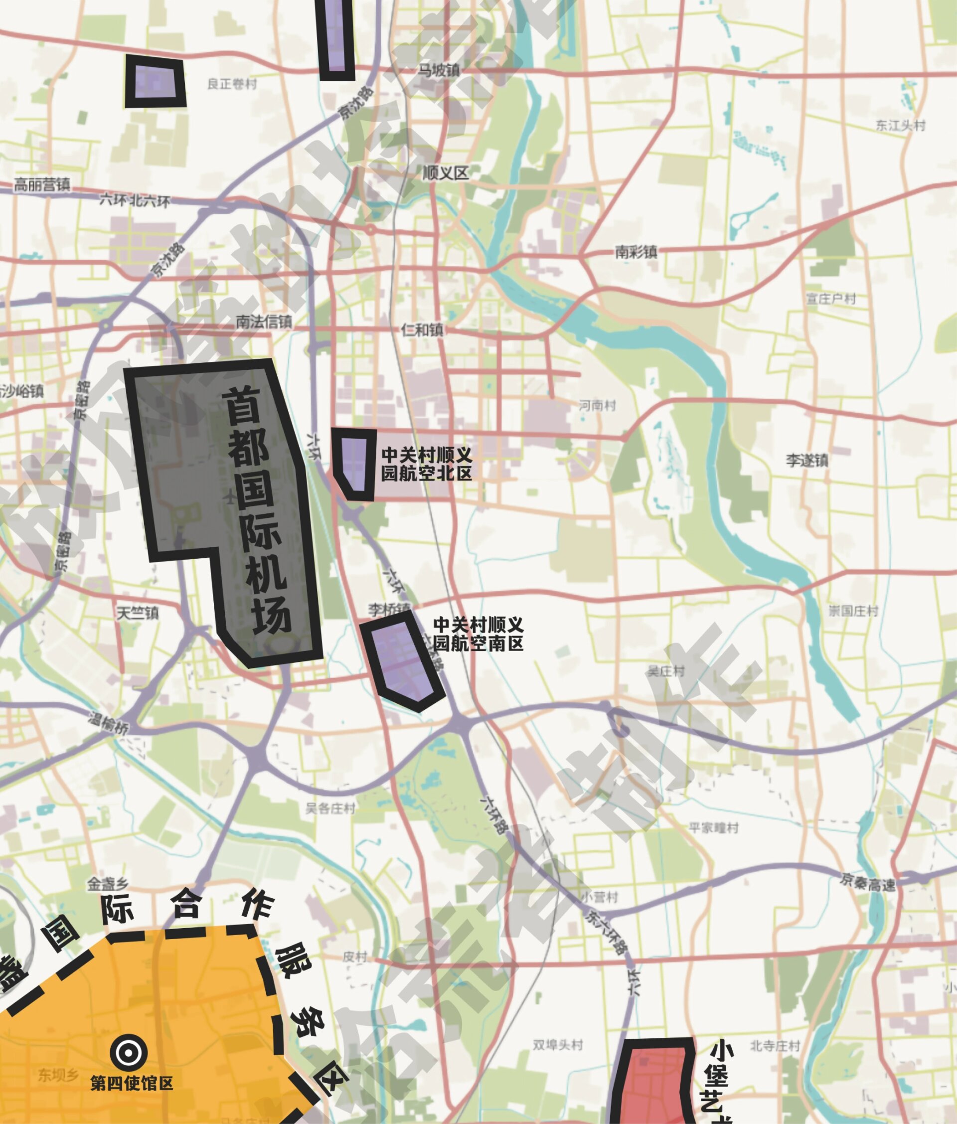本地图展示了北京六环以内现存或规划中的片区,包括商务区,综合