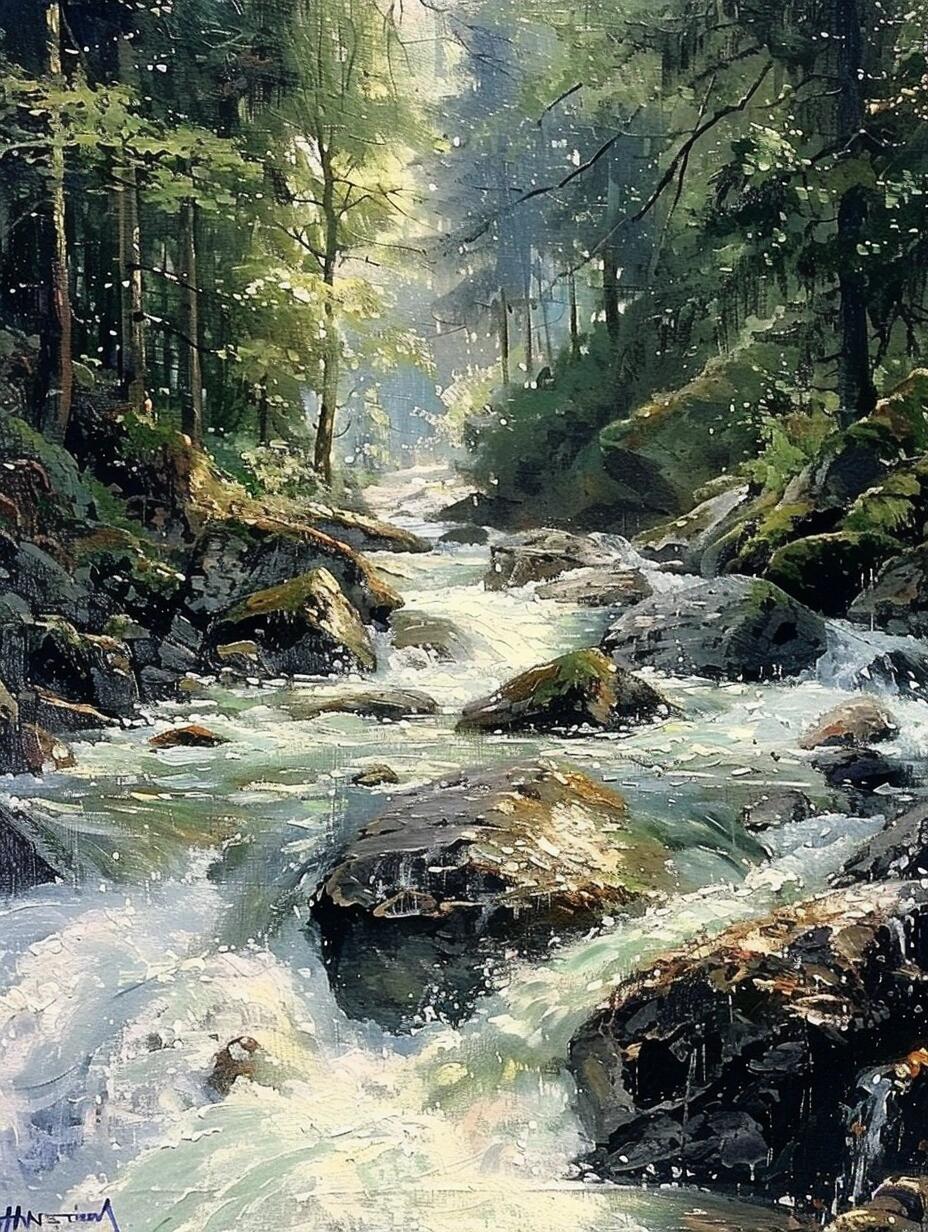 ai油画|森林溪流