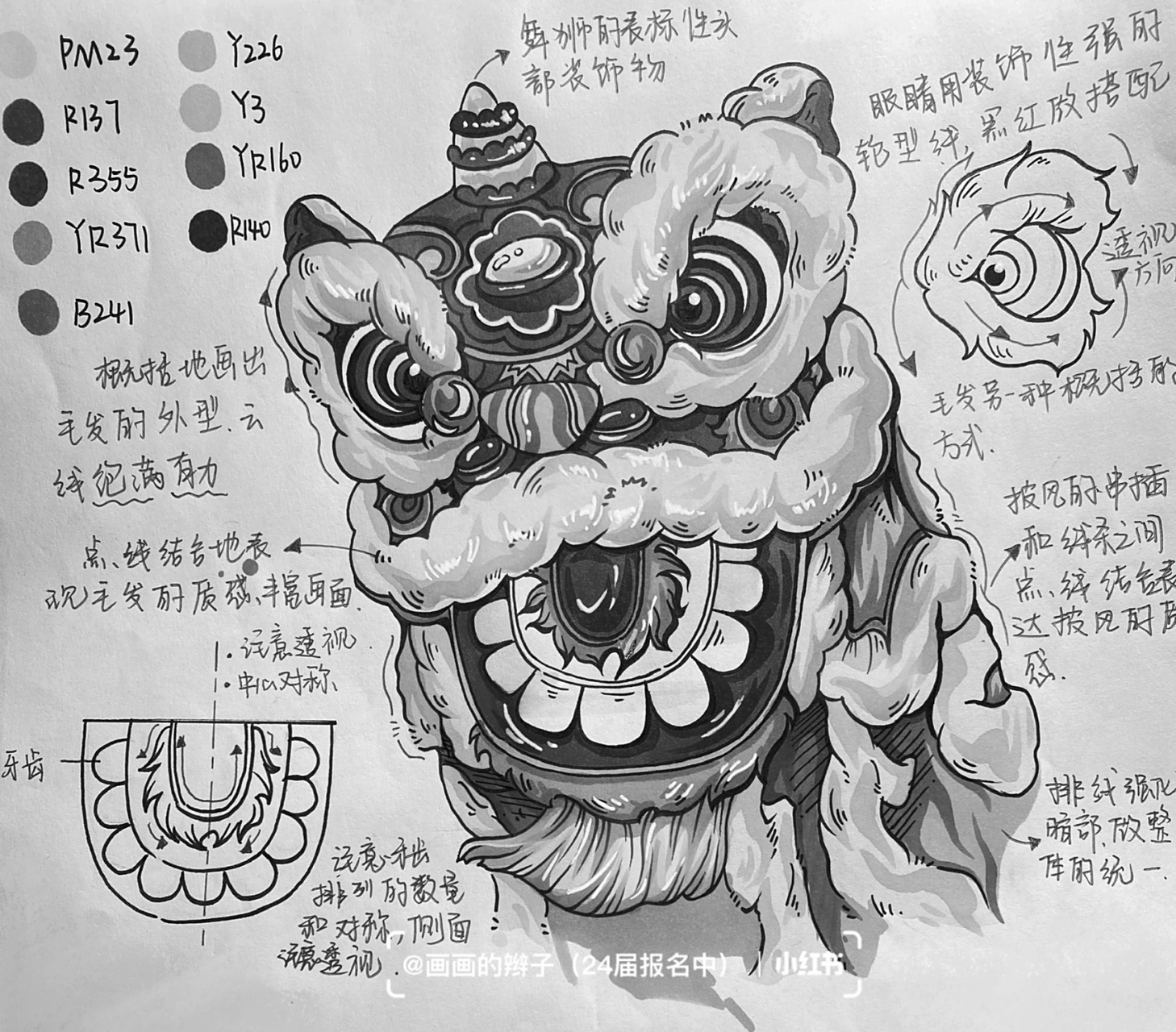 中国元素|传统舞狮 舞狮的画法有很多,画的时候主要搭配中国元素和