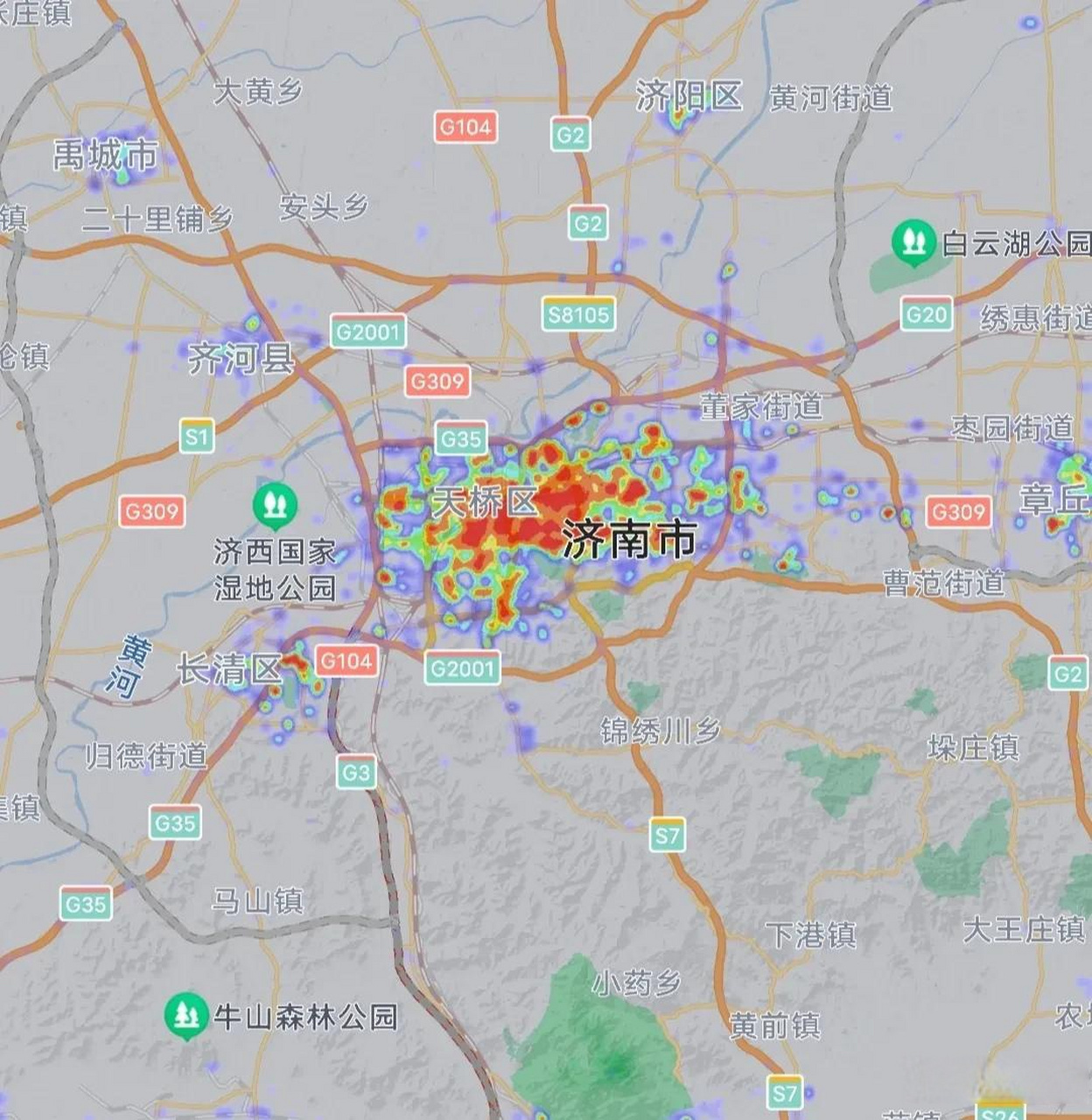 上海濟南熱力圖對比,晚上21:48分同比例尺下我們來看看兩座城市有什麼