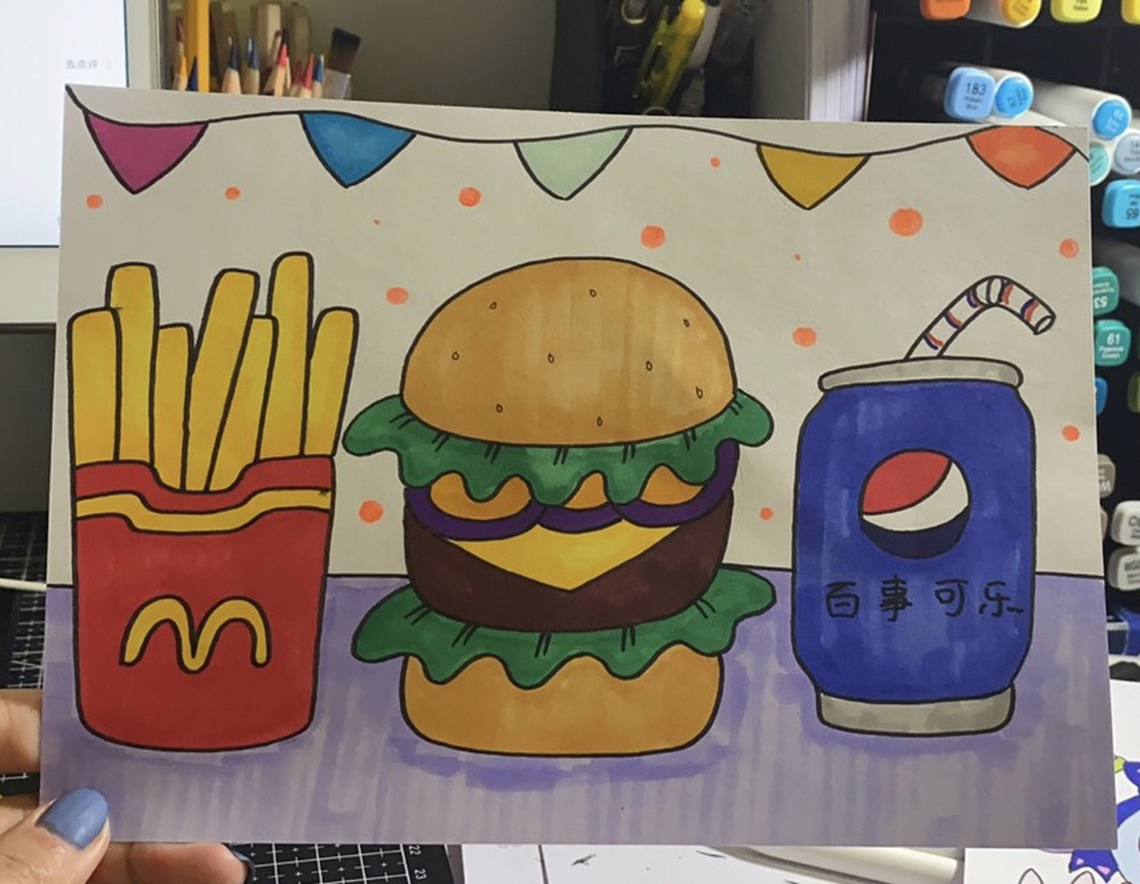 吃汉堡简笔画彩色图片