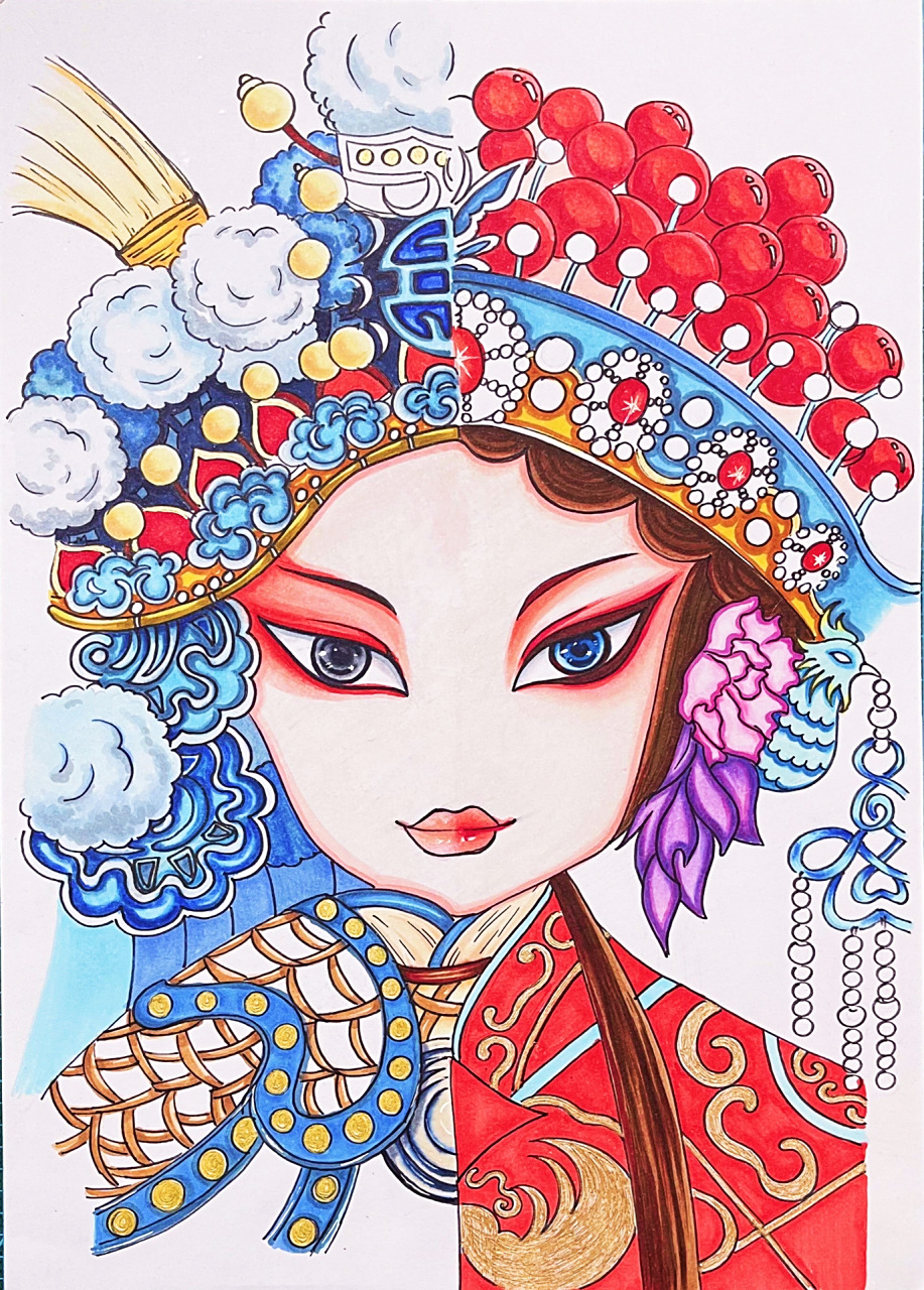 2,通过对京剧人物的观察,选择自己喜欢的角色进行绘画创作; 3,激