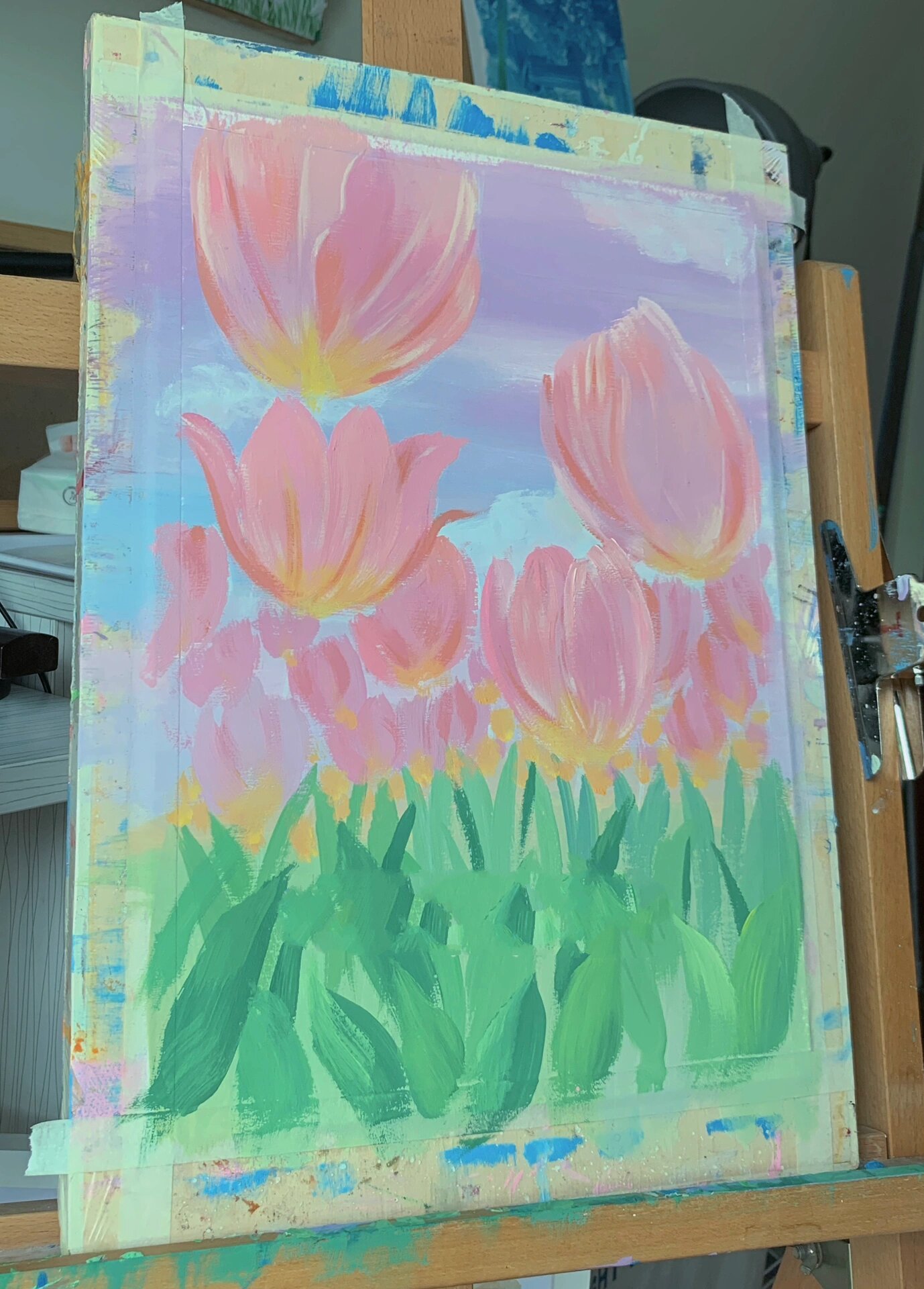 治愈系水粉画|郁金香花海93 手绘风景