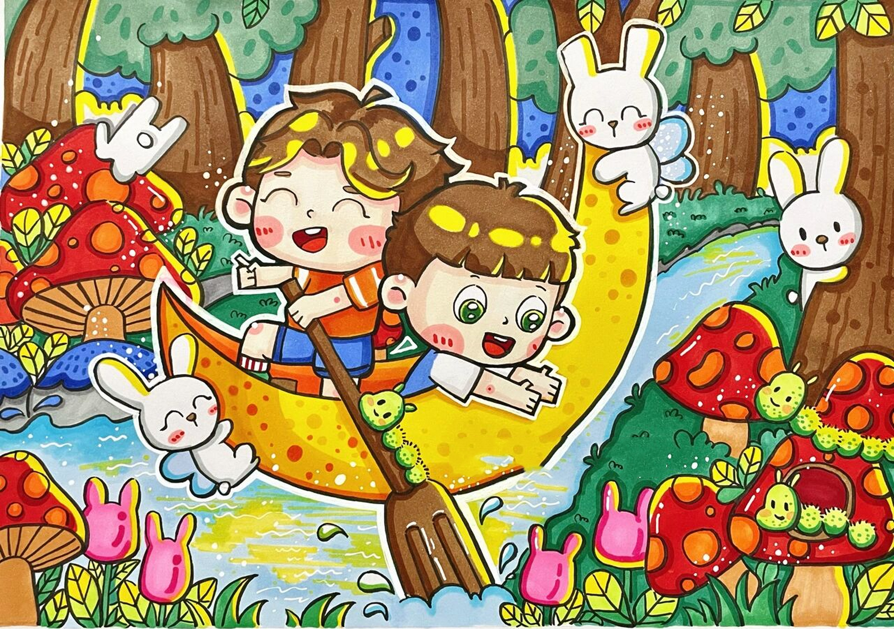 划船少年儿童画 马克笔儿童画 纸:荷兰白卡纸 高光笔三菱 上色马克笔
