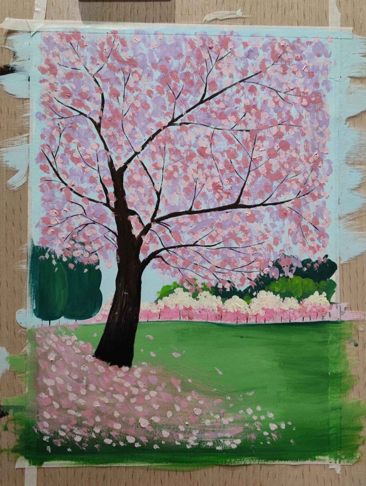 儿童水粉画 春天的景色 樱花树