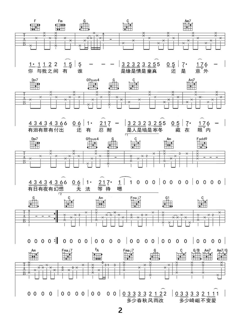 黄家驹《情人》流行歌曲吉他谱c调弹唱流行