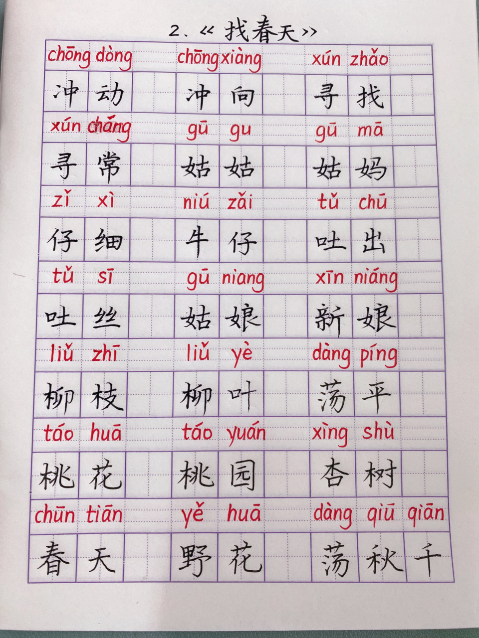 二年级下册语文听写词语第二课:《找春天》 笔写到一半废了 真的让人