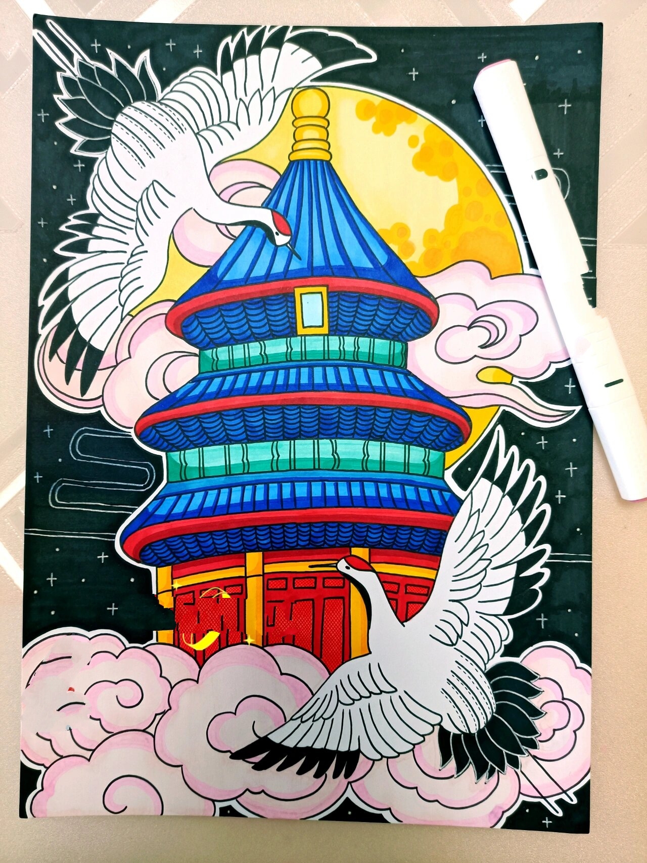 马克笔画-127 最美天坛‖祈年殿‖仙鹤 马克笔画儿童画 最美天坛